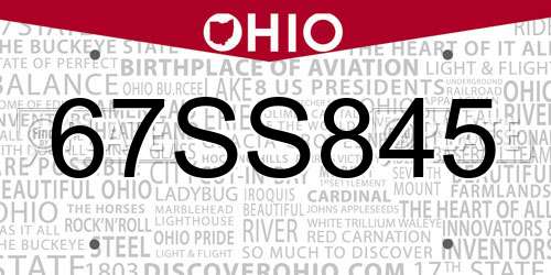 67SS845 Ohio License Plate