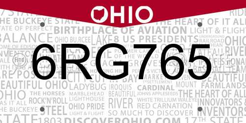 6RG765 Ohio License Plate
