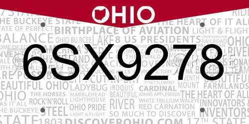 6SX9278 Ohio License Plate