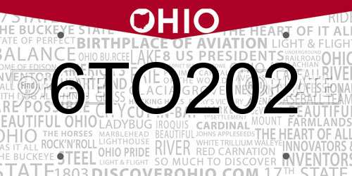6TO202 Ohio License Plate