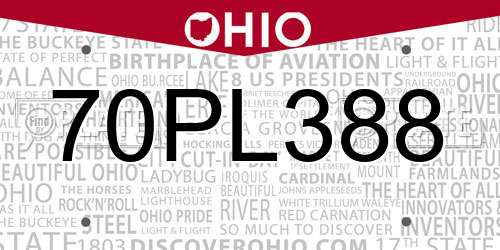 70PL388 Ohio License Plate