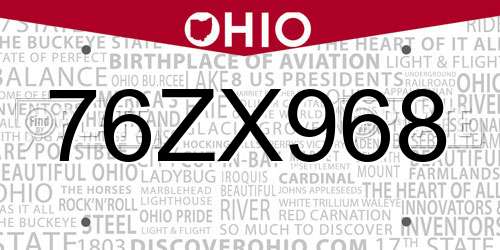 76ZX968 Ohio License Plate