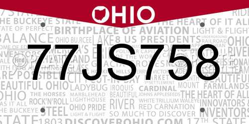77JS758 Ohio License Plate
