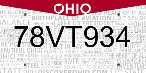 78VT934 Ohio License Plate