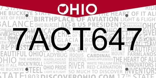 7ACT647 Ohio License Plate