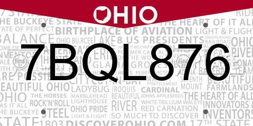 7BQL876 Ohio License Plate