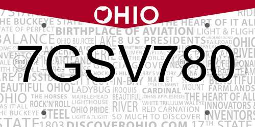7GSV780 Ohio License Plate