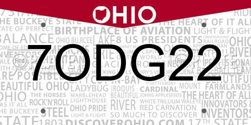 7ODG22 Ohio License Plate