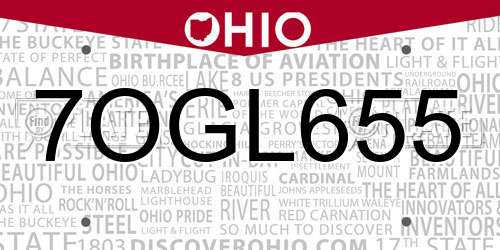 7OGL655 Ohio License Plate