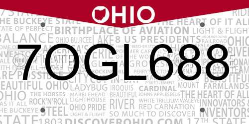 7OGL688 Ohio License Plate