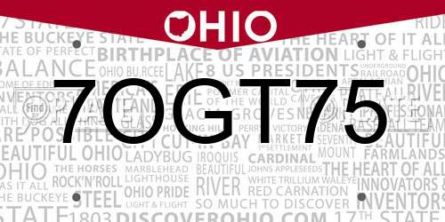 7OGT75 Ohio License Plate