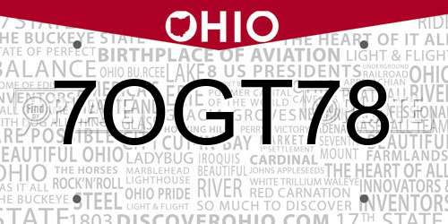 7OGT78 Ohio License Plate