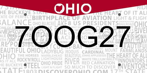 7OOG27 Ohio License Plate