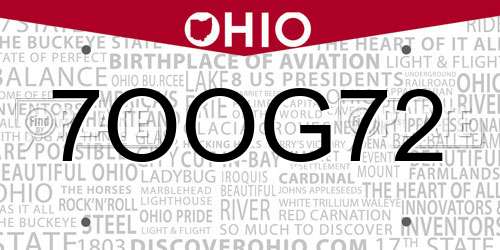 7OOG72 Ohio License Plate