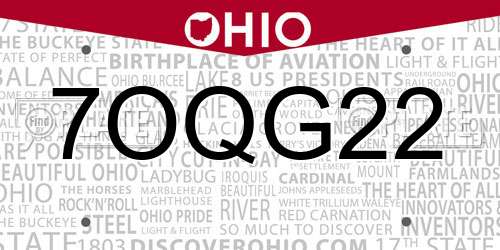 7OQG22 Ohio License Plate