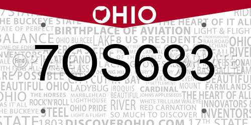 7OS683 Ohio License Plate