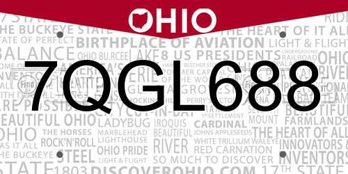 7QGL688 Ohio License Plate