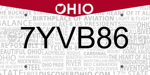 7YVB86 Ohio License Plate