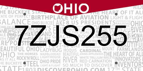 7ZJS255 Ohio License Plate