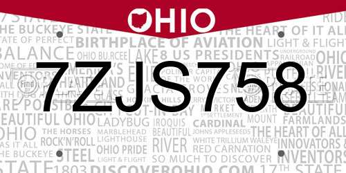 7ZJS758 Ohio License Plate