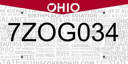 7ZOG034 Ohio License Plate