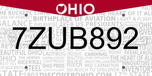 7ZUB892 Ohio License Plate