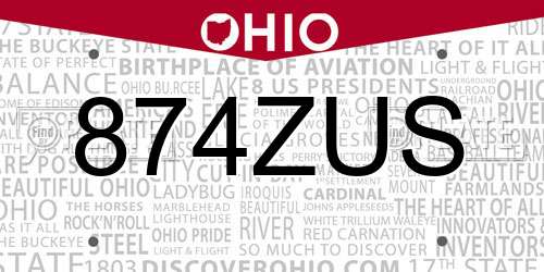 874ZUS Ohio License Plate