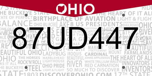 87UD447 Ohio License Plate