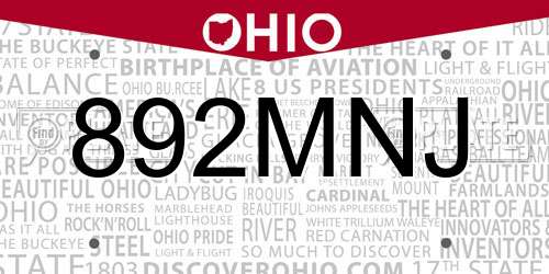 892MNJ Ohio License Plate