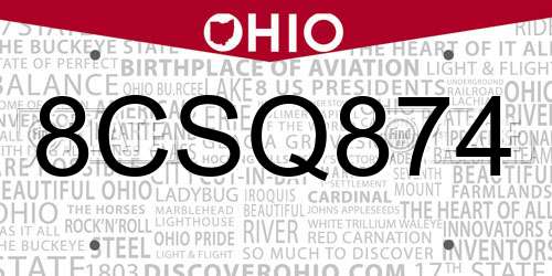 8CSQ874 Ohio License Plate