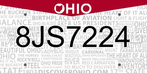 8JS7224 Ohio License Plate