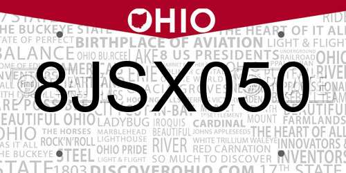 8JSX050 Ohio License Plate