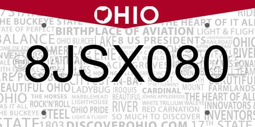 8JSX080 Ohio License Plate