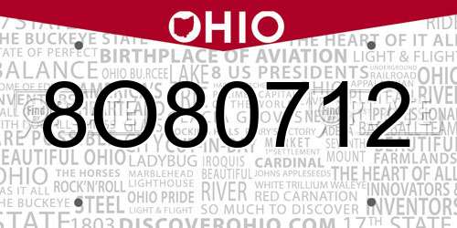 8O80712 Ohio License Plate