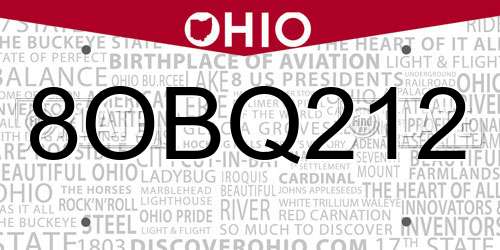 8OBQ212 Ohio License Plate