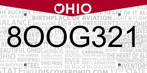 8OOG321 Ohio License Plate
