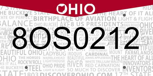 8OS0212 Ohio License Plate