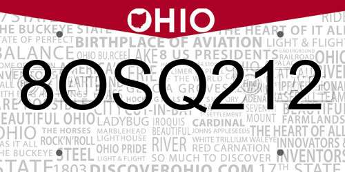 8OSQ212 Ohio License Plate