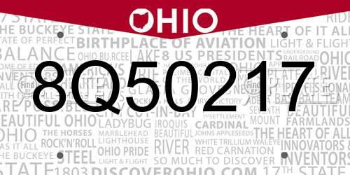 8Q50217 Ohio License Plate