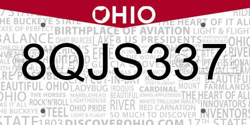 8QJS337 Ohio License Plate