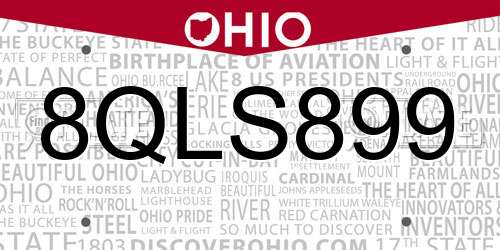 8QLS899 Ohio License Plate