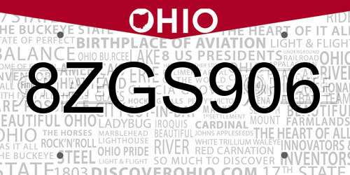 8ZGS906 Ohio License Plate