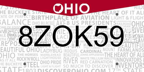 8ZOK59 Ohio License Plate