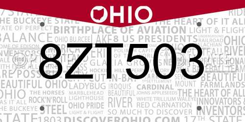 8ZT503 Ohio License Plate