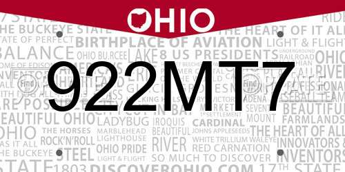 922MT7 Ohio License Plate