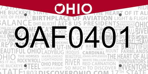 9AF0401 Ohio License Plate
