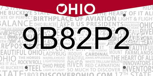 9B82P2 Ohio License Plate