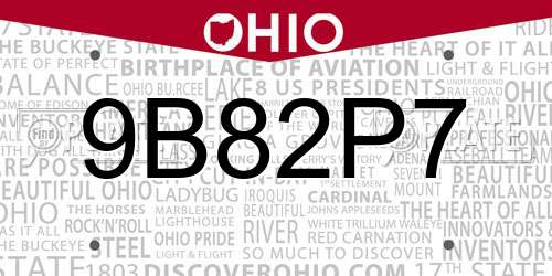 9B82P7 Ohio License Plate