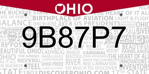9B87P7 Ohio License Plate