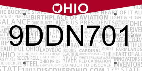 9DDN701 Ohio License Plate